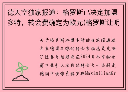 德天空独家报道：格罗斯已决定加盟多特，转会费确定为欧元(格罗斯让明年)