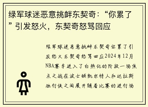 绿军球迷恶意挑衅东契奇：“你累了” 引发怒火，东契奇怒骂回应